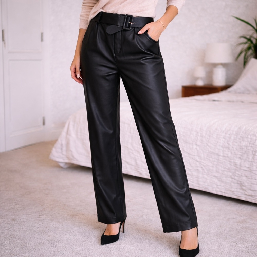 Zara Black Faux Leather Wide-Leg Pants with Belt